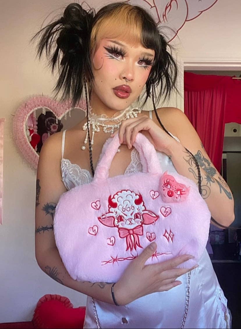 Lamby Black Furry Purse with Chain Strap