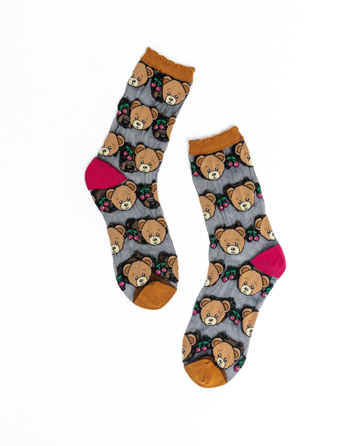 Teddy Bear Ruffle Black Sheer Crew Sock