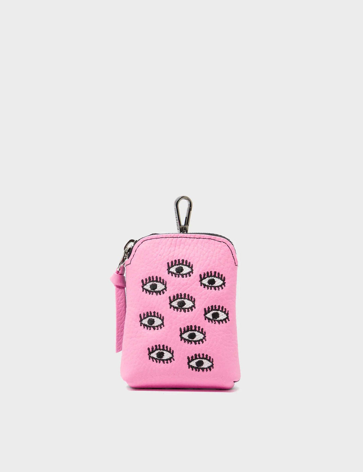 Florence Pouch Charm Soft Neon Pink Leather Keychain All Over Eyes Embroidery