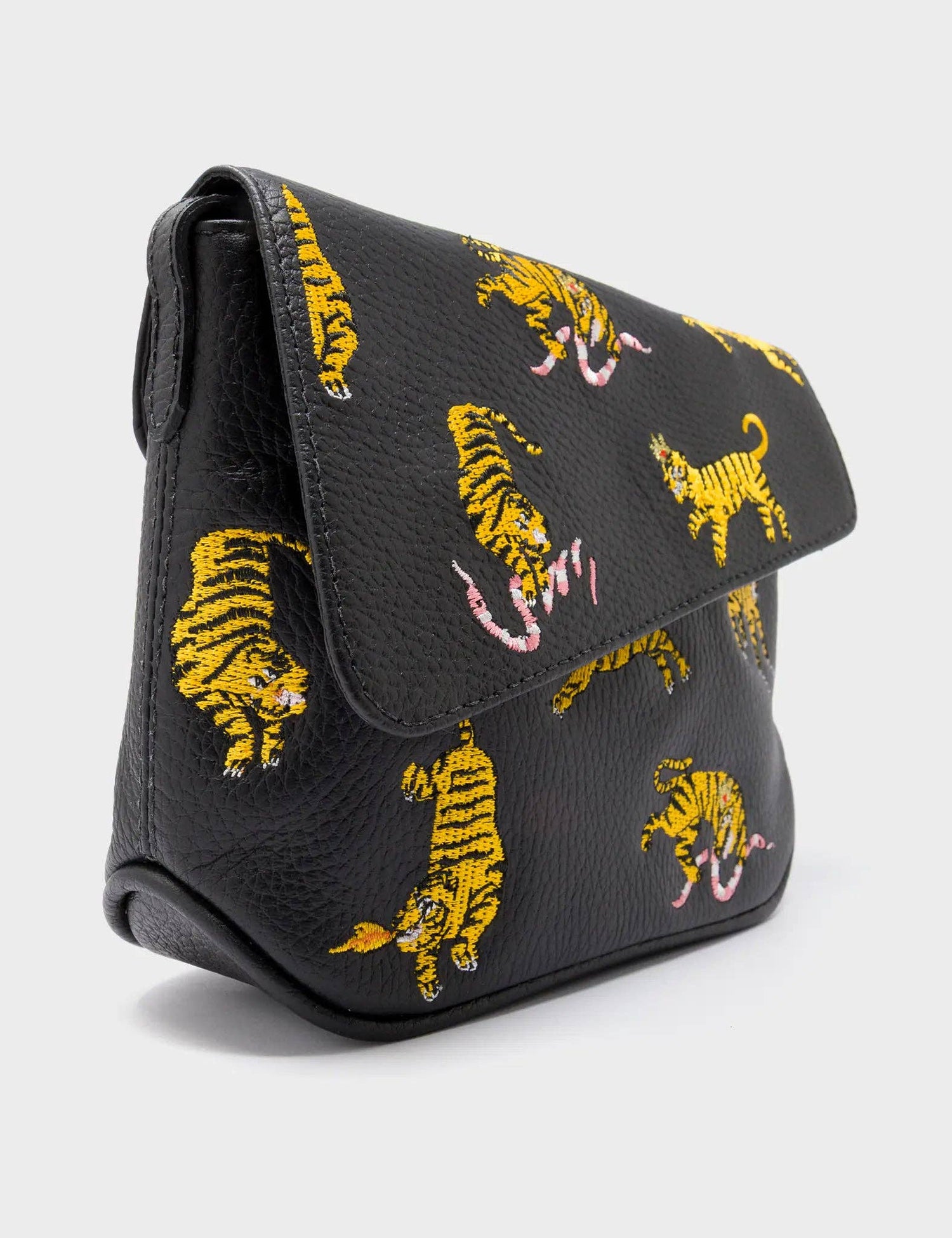 Bruno Mini Crossbody Black Leather Bag - Tiger Rumble Design