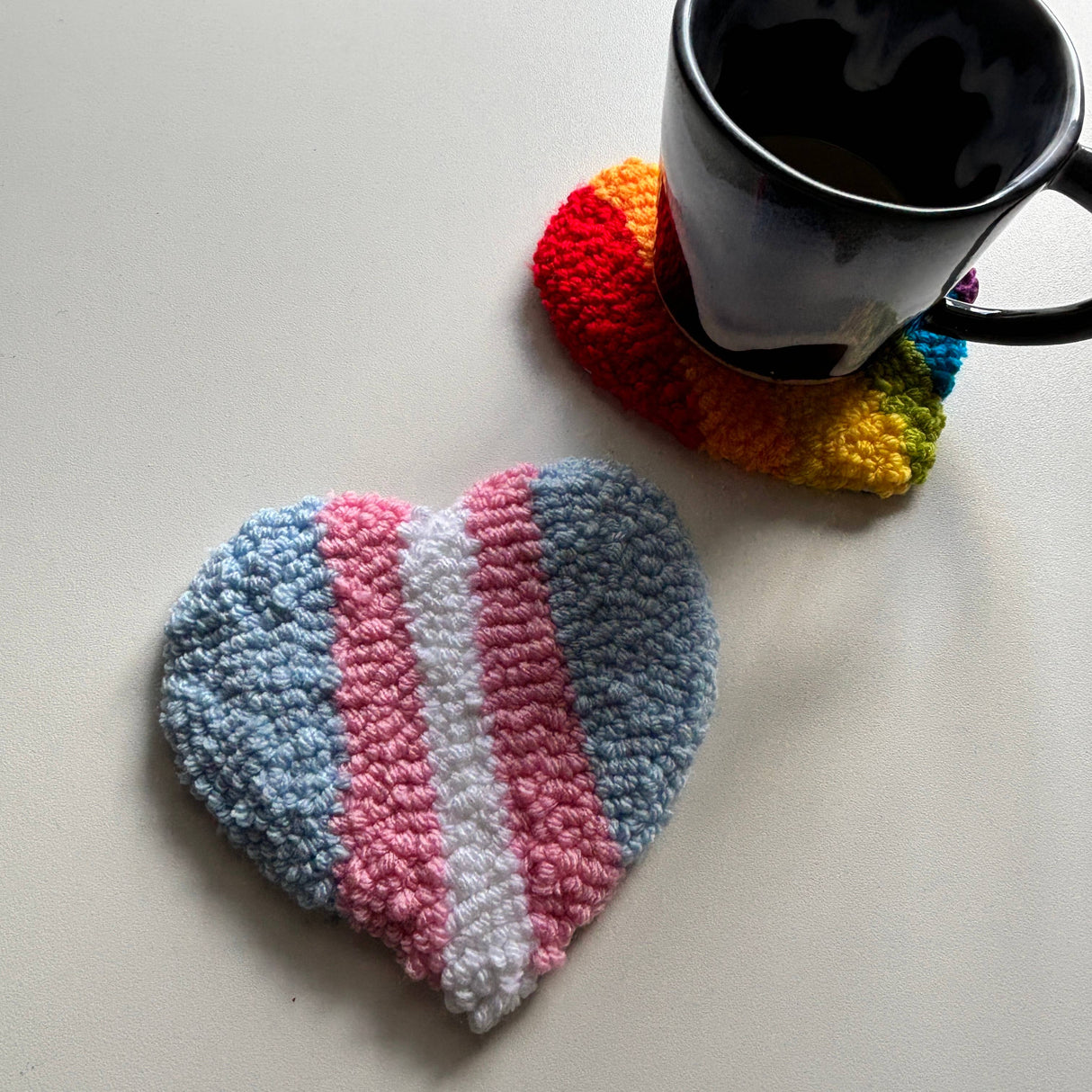 Trans Pride Heart Hand-Tufted Punch Needle Mug Rug Coaster
