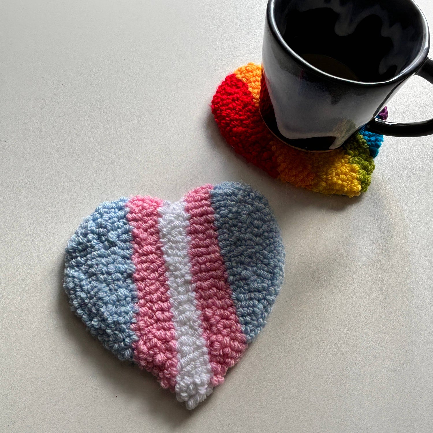 Trans Pride Heart Hand-Tufted Punch Needle Mug Rug Coaster