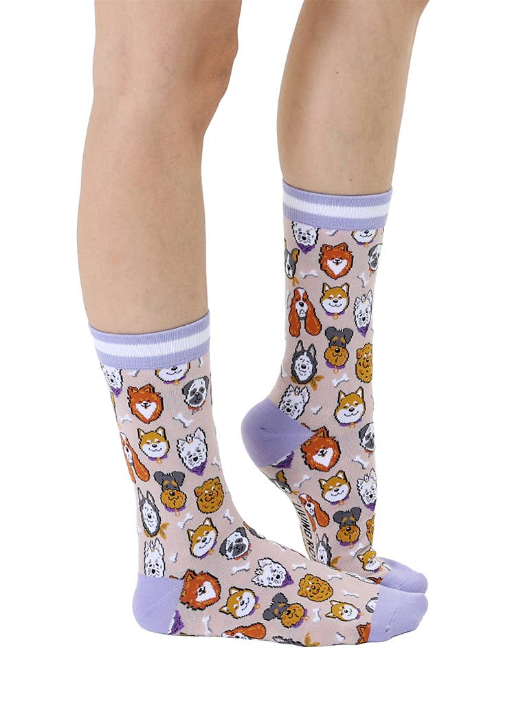 Women's Bamboo Crew Socks - Dog Heads - Tan & Purple