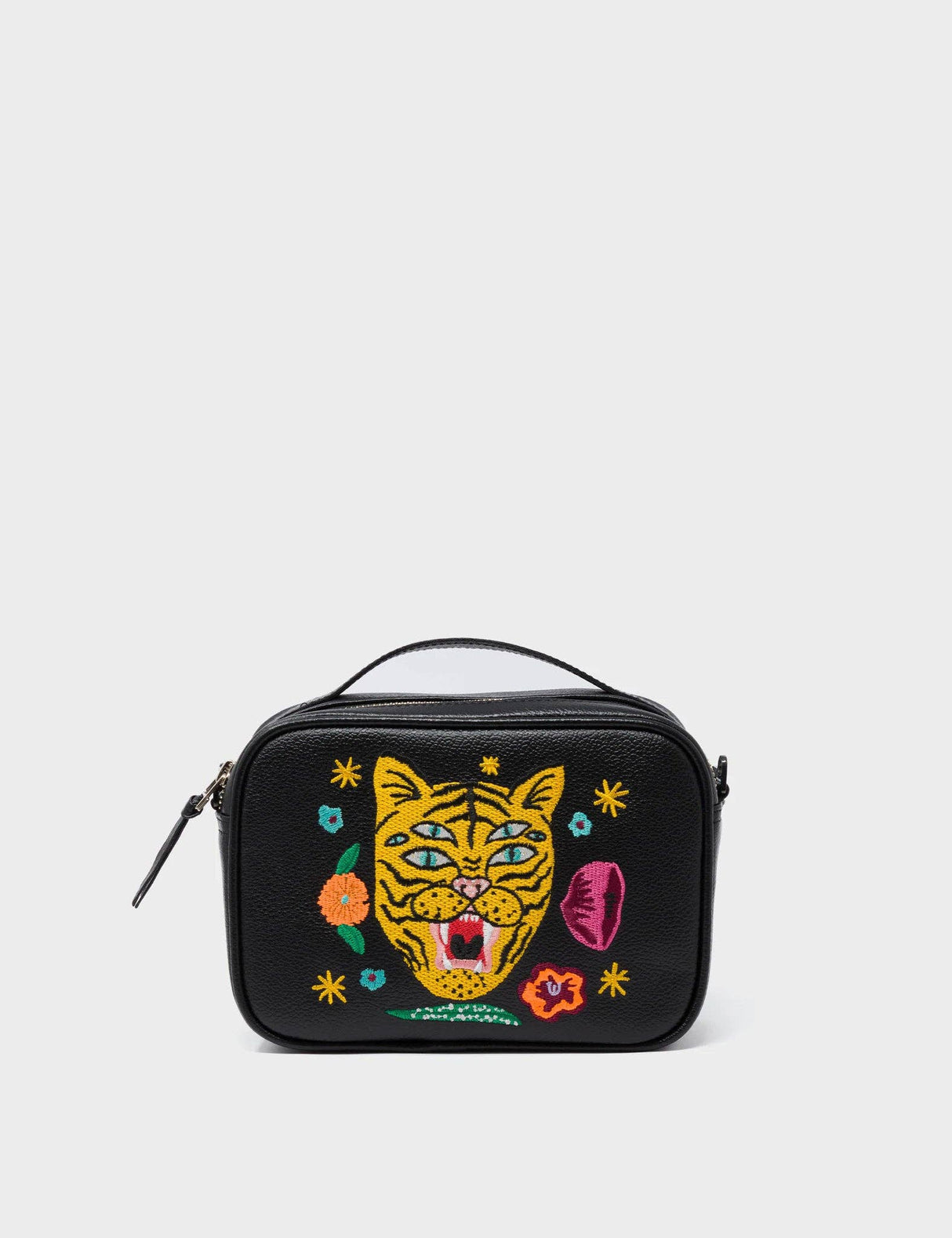 Verto Black Leather Crossbody Bag - Tiger and Flowers Embroidery