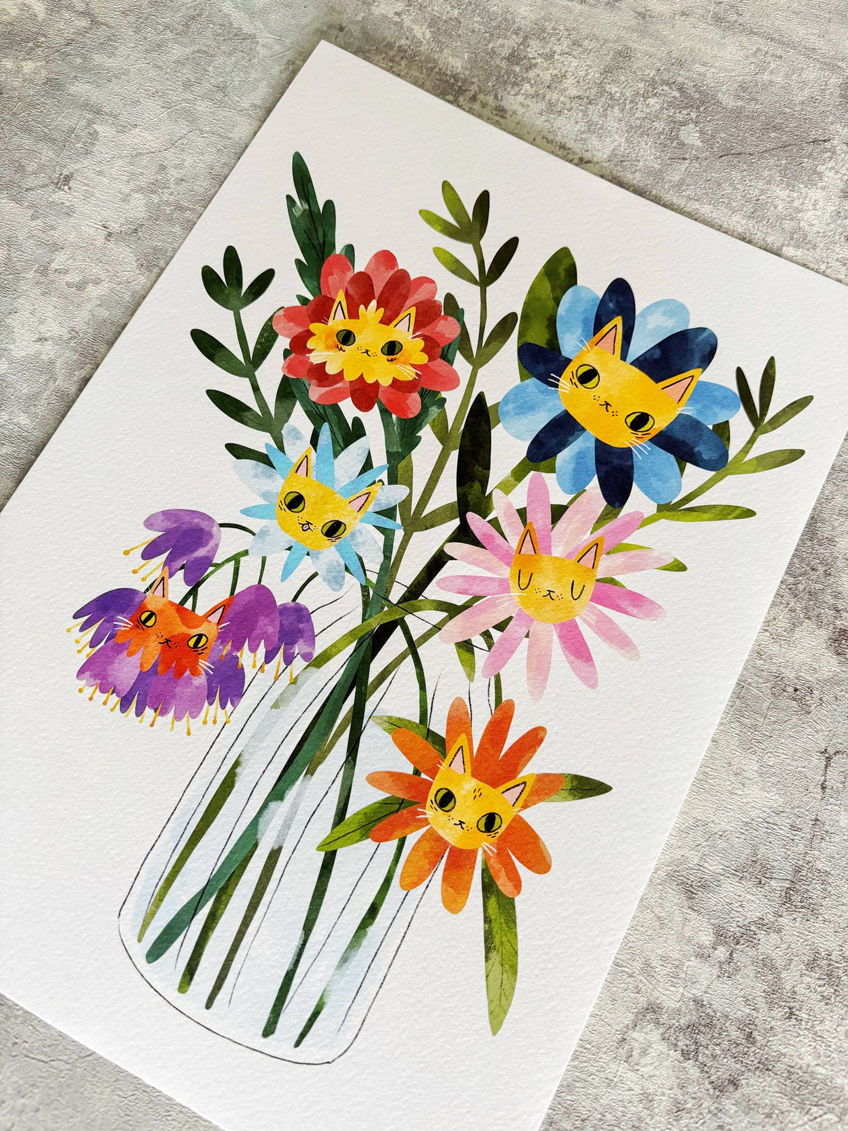 A3 Flower Cats Art Print, Cats and Flowers