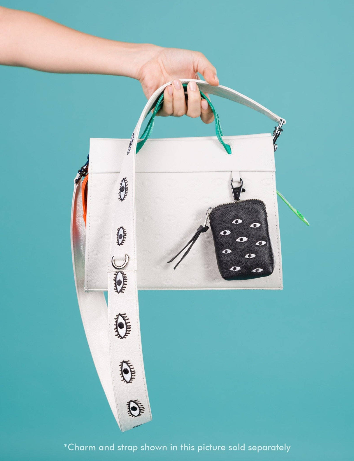 Florence Pouch Charm - Black Leather Keychain Eyes Embroidery