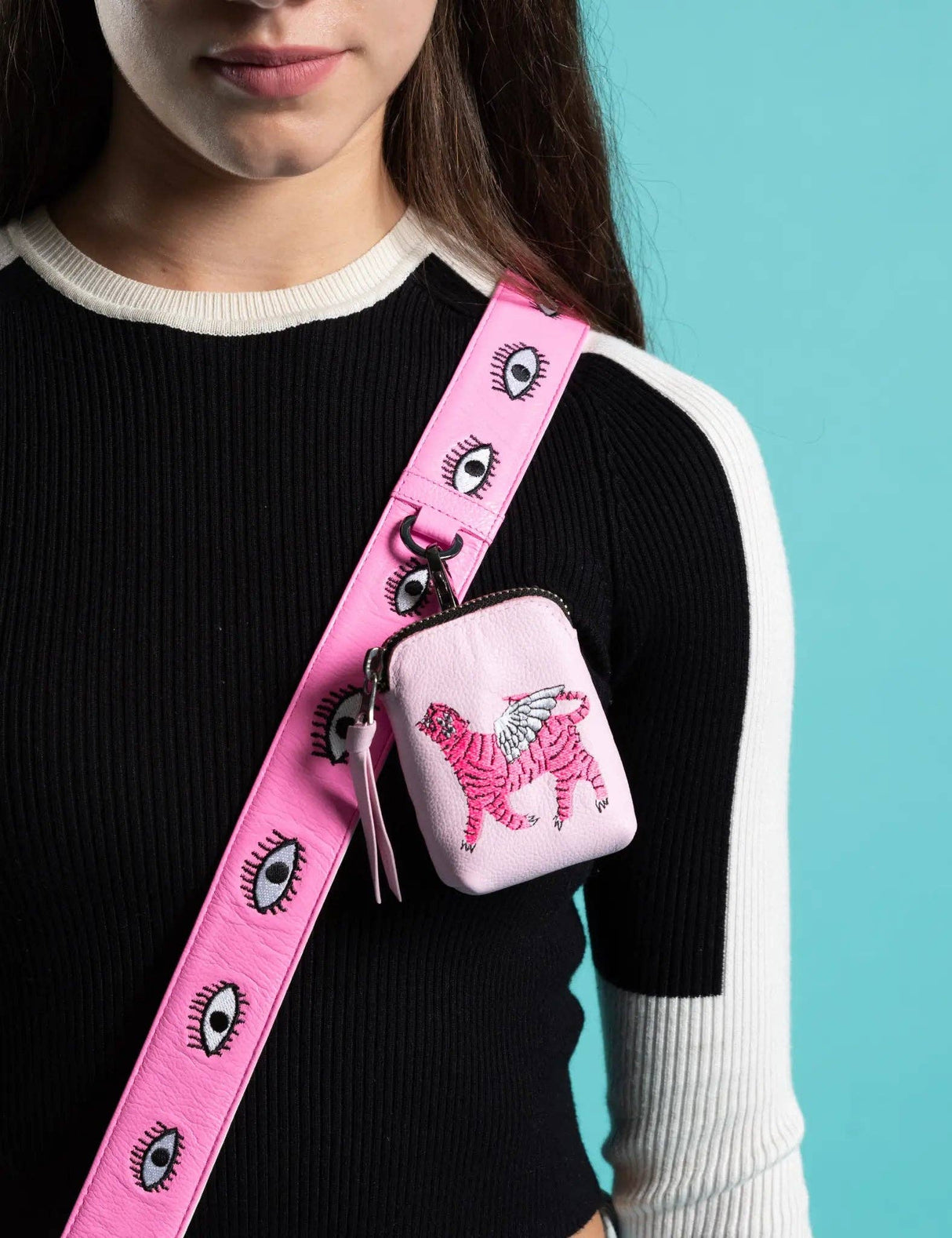 Florence Pouch Charm - Lilac Leather Keychain Tiger Embroidery