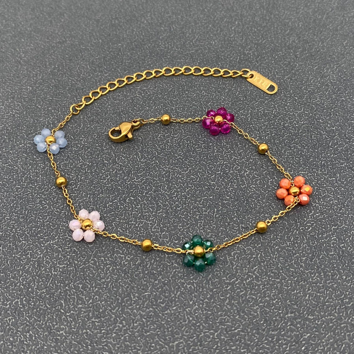 5 Color Glass Beaded Flowers 18K Gold Plated SS Bracelet -FGS