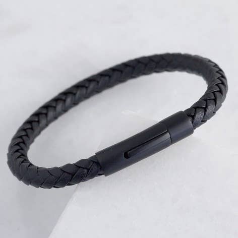 Men's Black Leather Bracelet With Matt Black Clasp