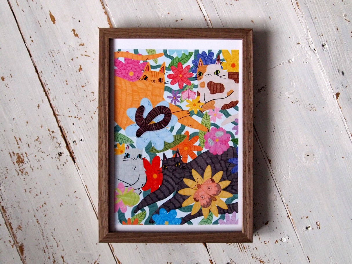 Cats, Bugs and Flowers A4 Art Print