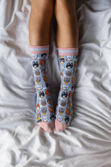 Women's Bamboo Crew Socks - Cat Heads - Pink & Blue