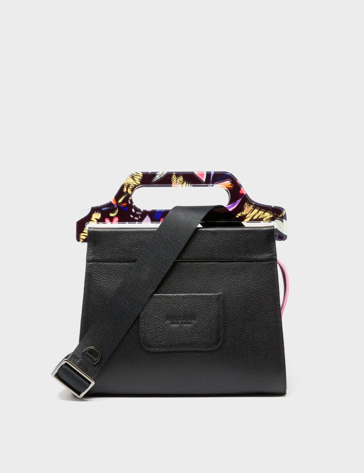 Vali Black Leather Crossbody Handbag Plastic Handle - Midnight Garden Embroidery 