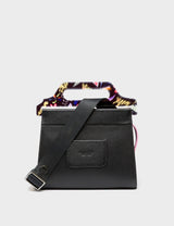 Vali Black Leather Crossbody Handbag Plastic Handle - Midnight Garden Embroidery 
