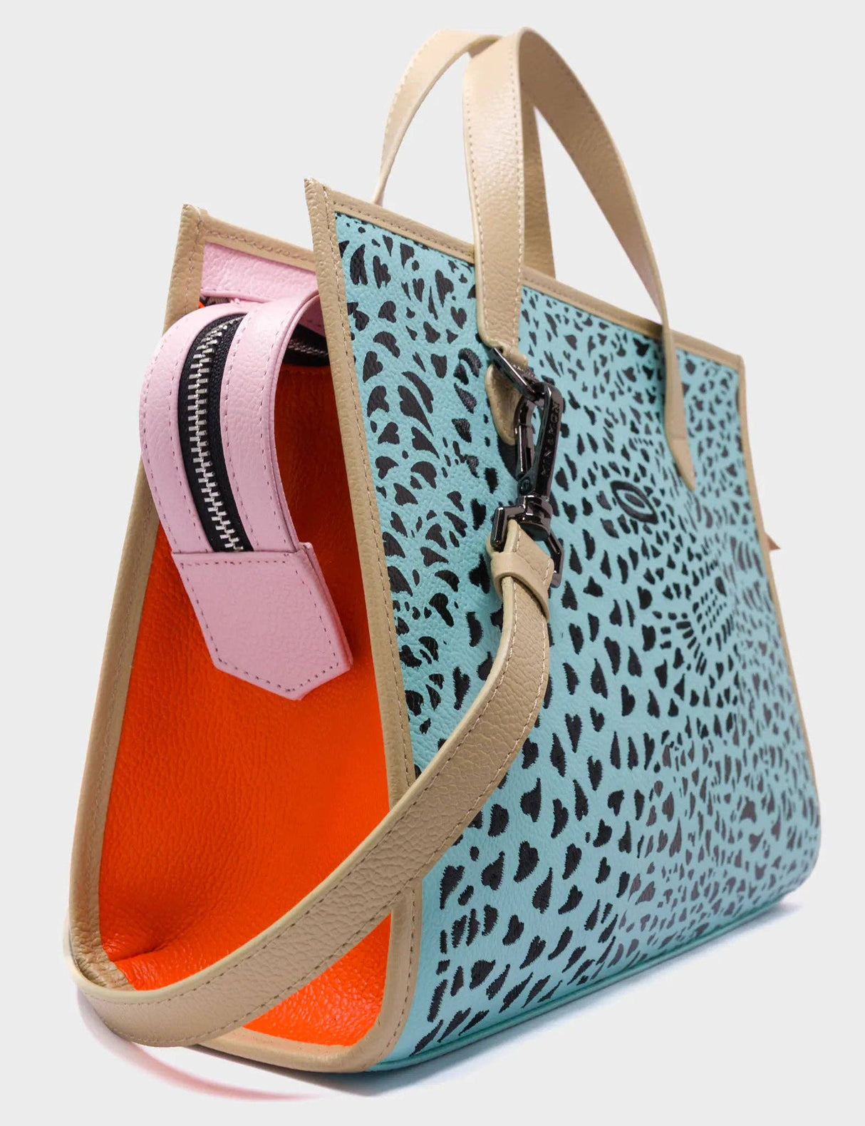 Simon Eggshell Blue Leather Medium Handbag - Retro Tiger Design