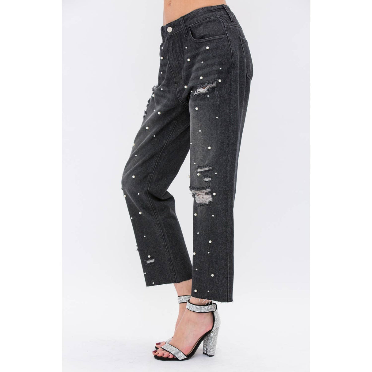 Pearl Embellished Front Rip Jeans