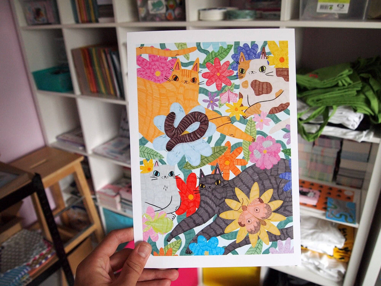 Cats, Bugs and Flowers A4 Art Print