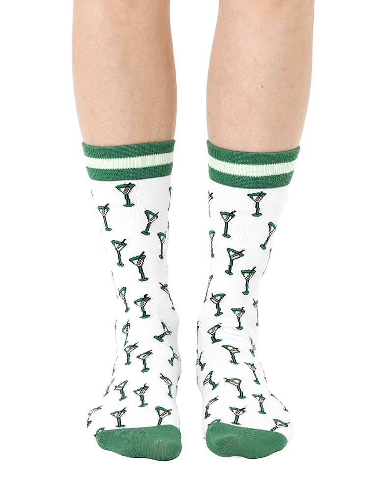 Women's Bamboo Crew Socks - Martini Glasses - Green & White