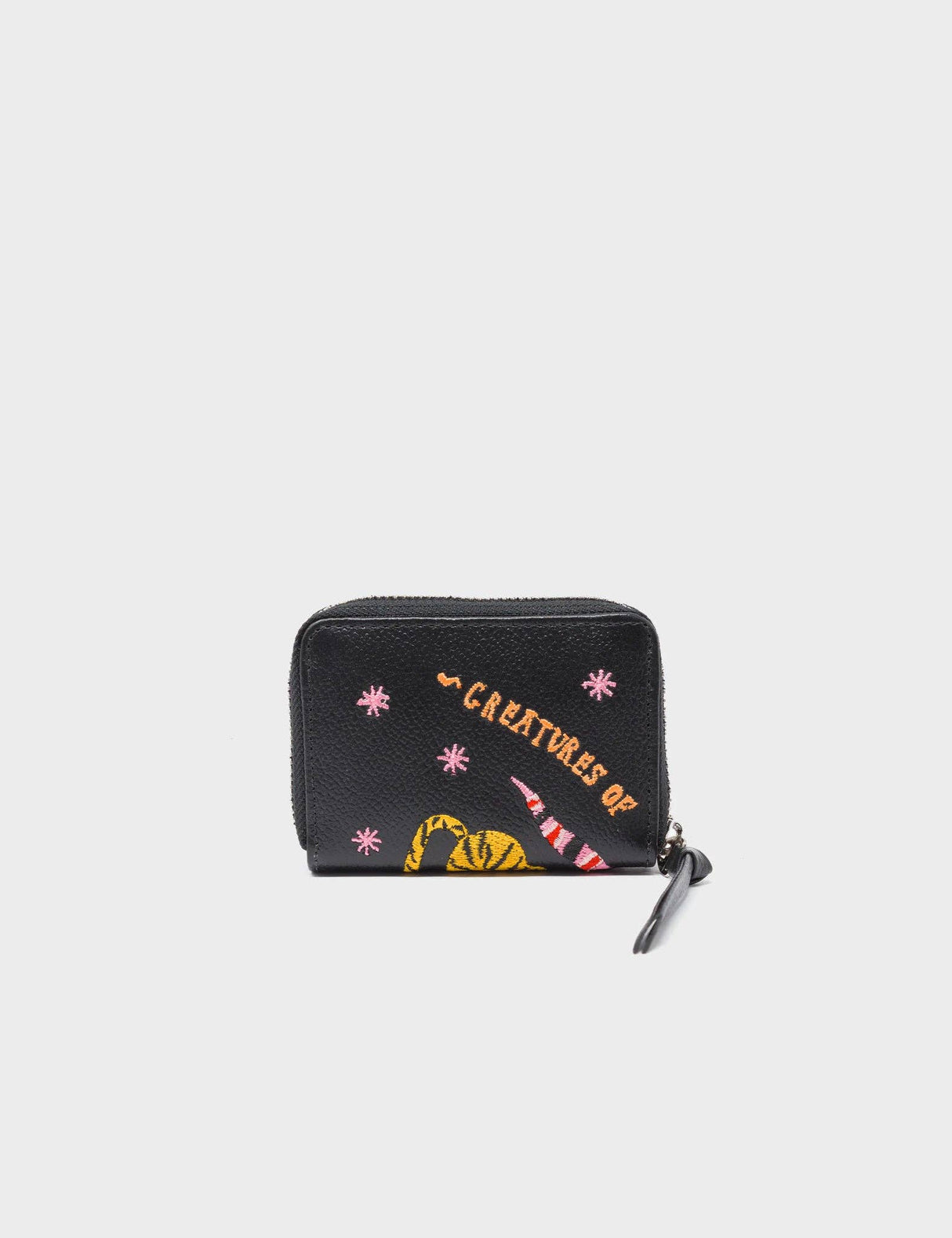 Frodo Black Leather Zip Around Wallet - Tiger and Snake Embroidery