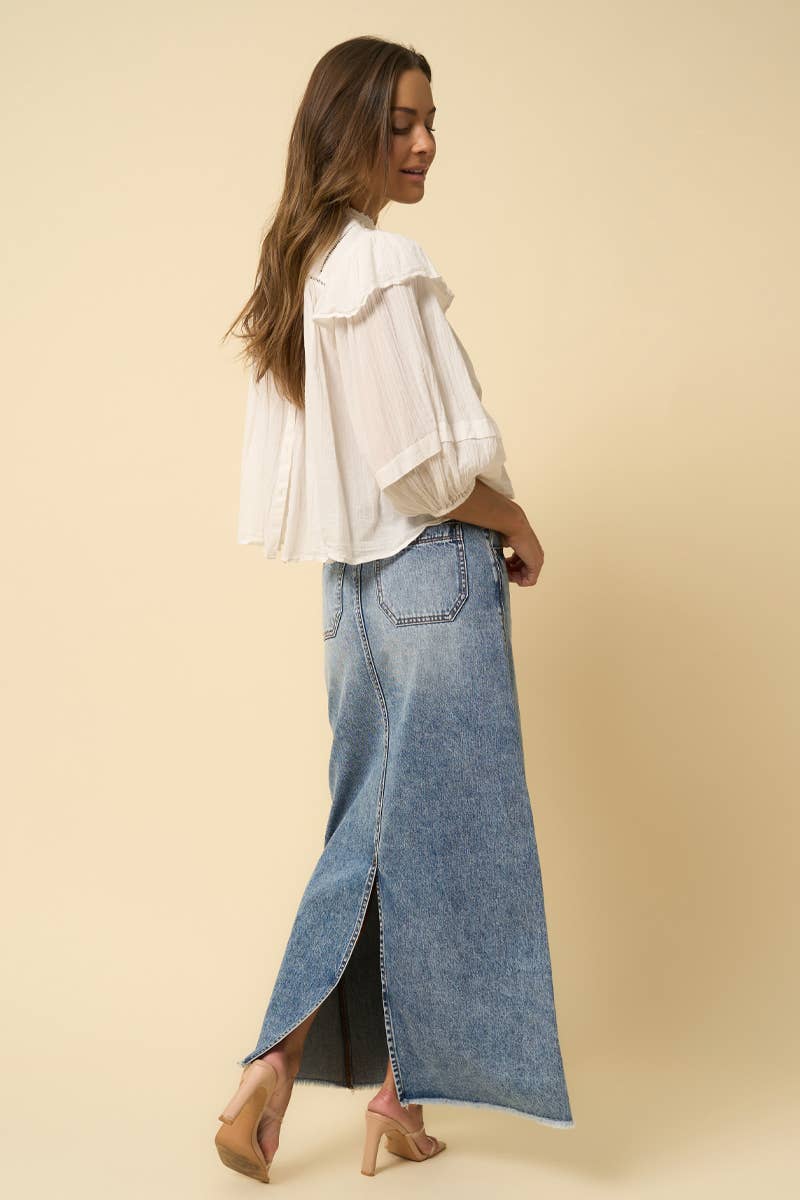 High Rise Flared Denim Maxi Skirt