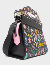 Vali Black Leather Crossbody Handbag Plastic Handle - Midnight Garden Embroidery 