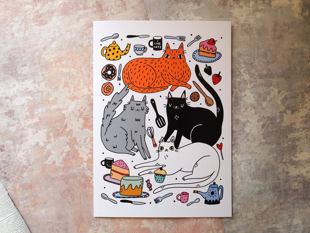 Kitchen Cats A4 Art Print