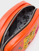 Verto Crossbody Vermillion Orange Leather Handbag - Tiger and Flowers Embroidery