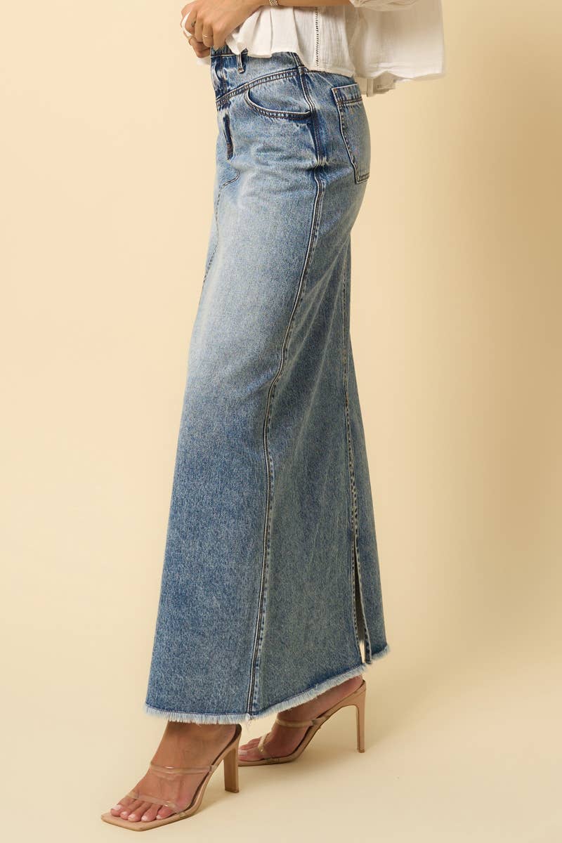 High Rise Flared Denim Maxi Skirt