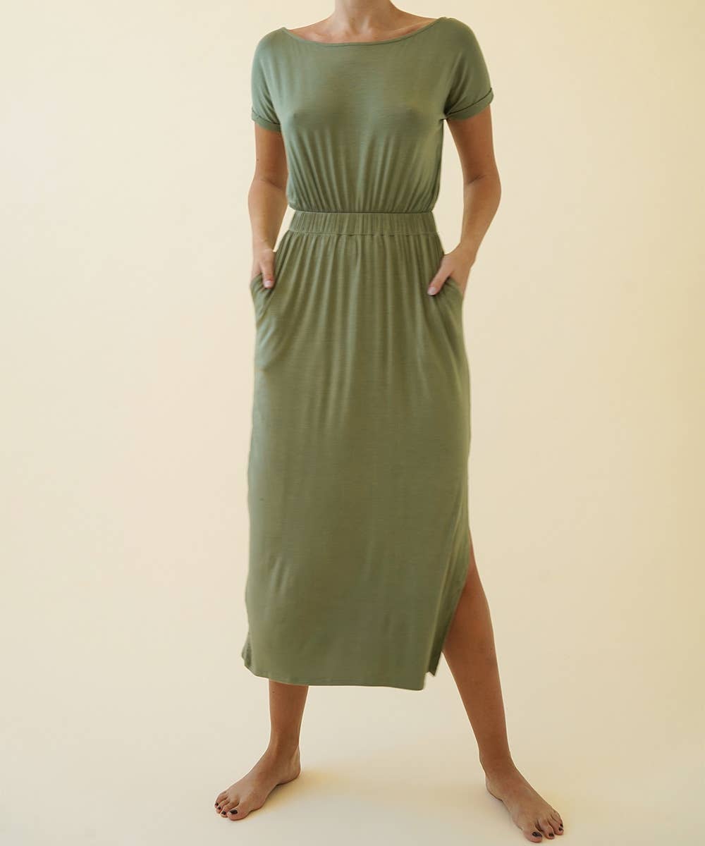 Olive Bamboo Casual Dress With Pockets