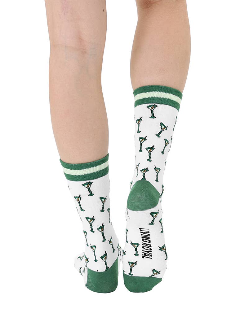 Women's Bamboo Crew Socks - Martini Glasses - Green & White