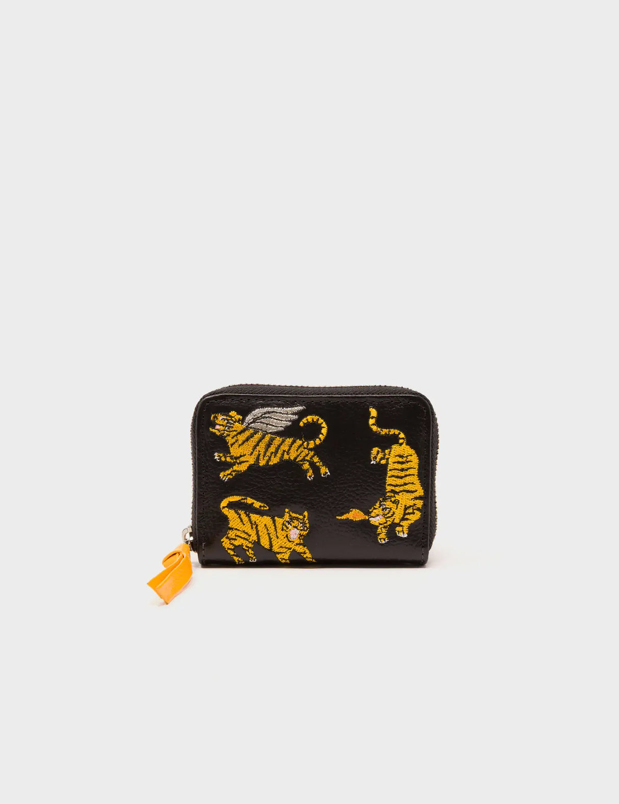 Frodo Black Leather Zip Around Wallet - Tigers Embroidery