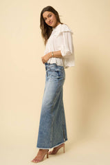 High Rise Flared Denim Maxi Skirt