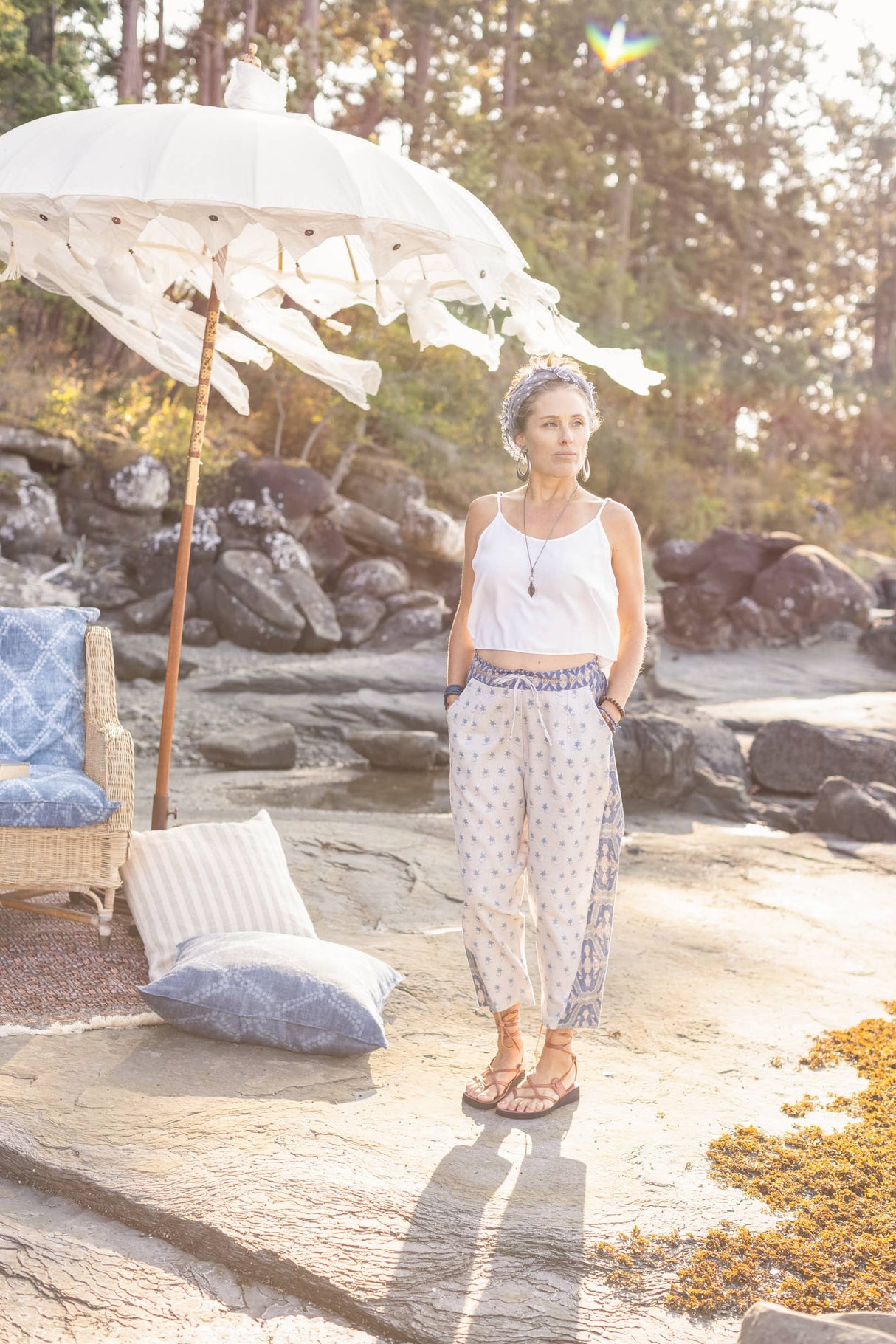 Head In The Clouds Boho Linen Print Cropped Artist Pants