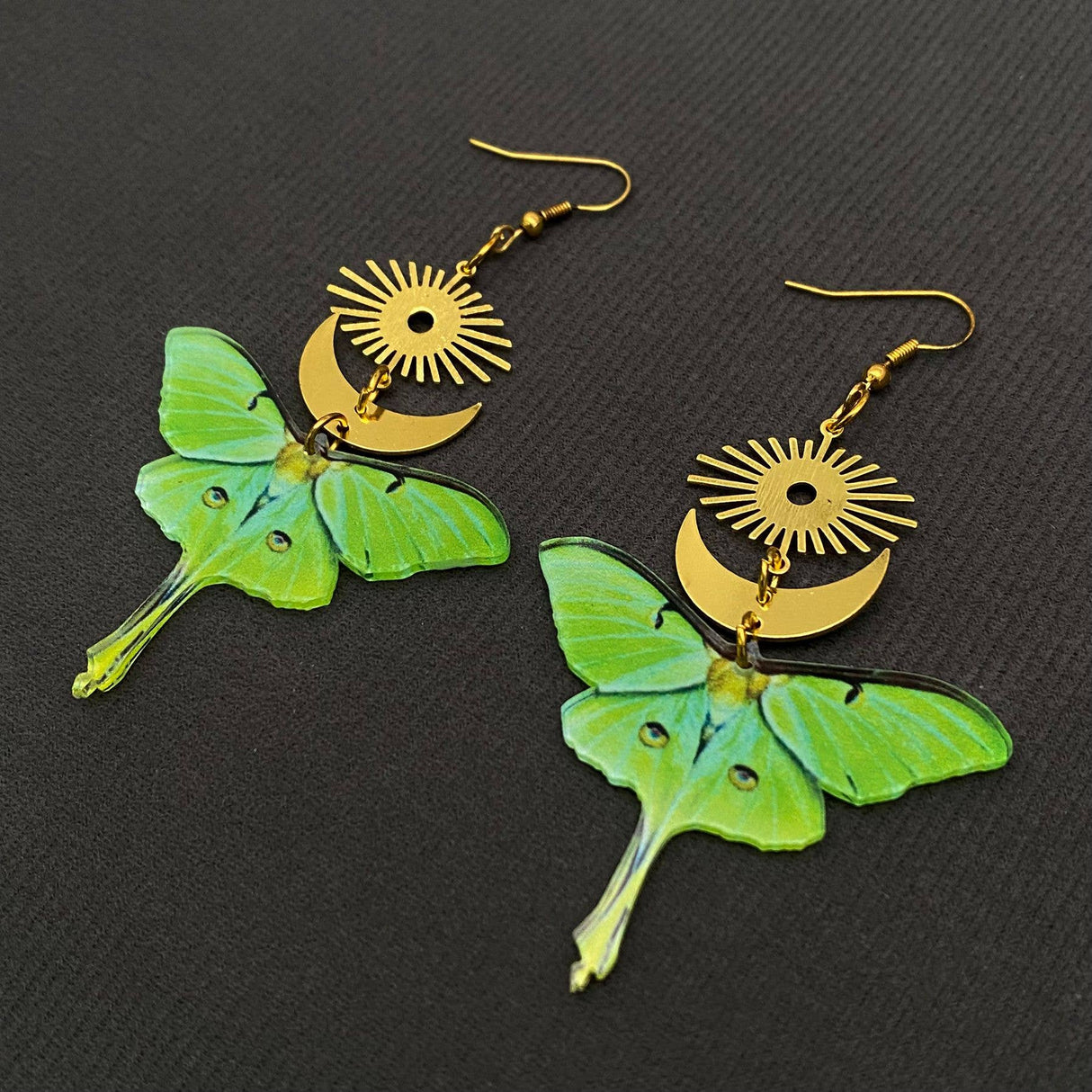 Acrylic Green Moth Gold Plated Moon Sun Dangle Earrings - MS