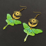 Acrylic Green Moth Gold Plated Moon Sun Dangle Earrings - MS