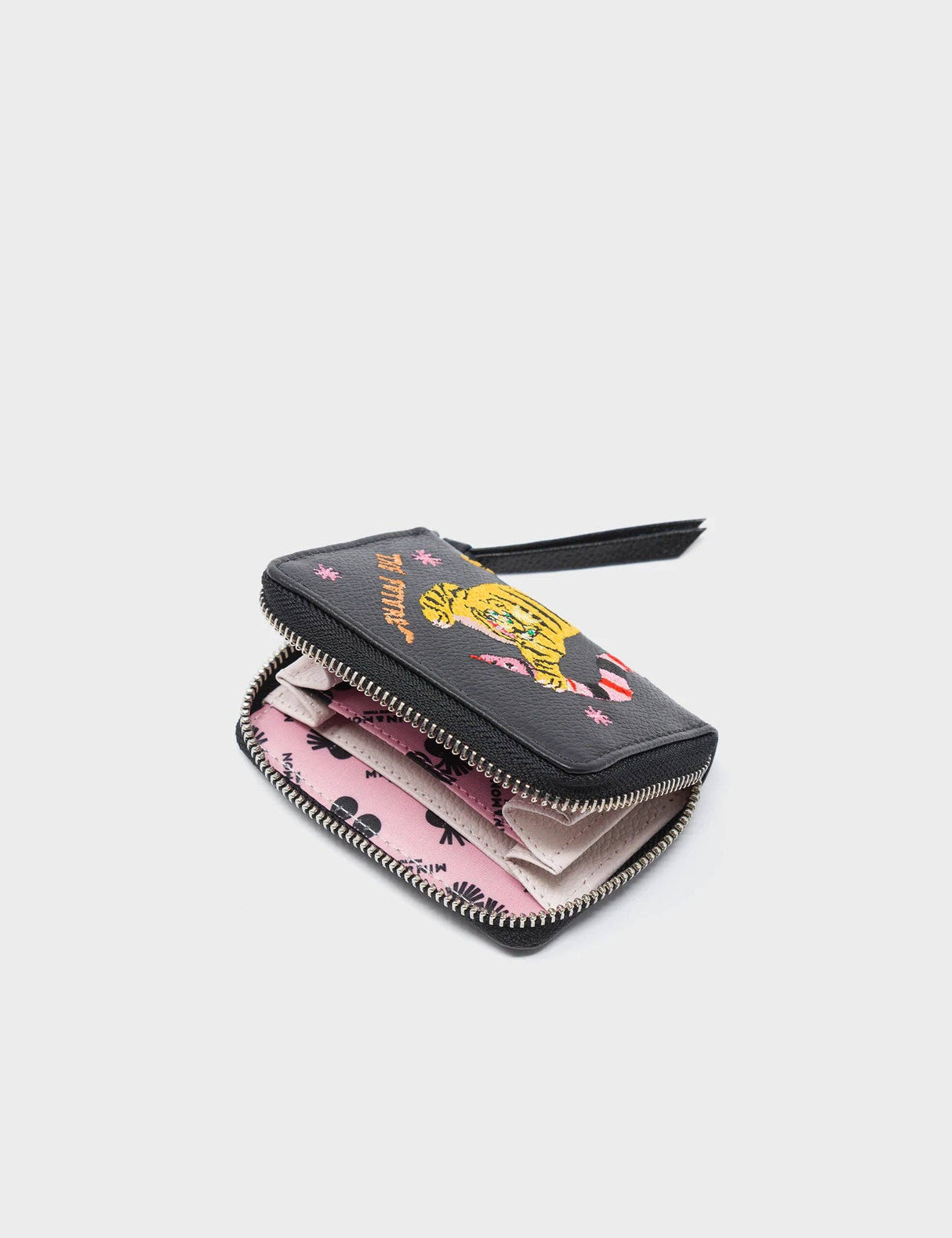 Frodo Black Leather Zip Around Wallet - Tiger and Snake Embroidery