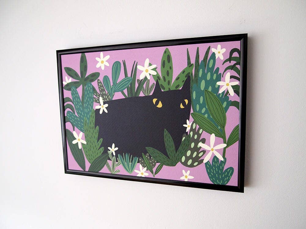 Black Cat and Plants Art Print