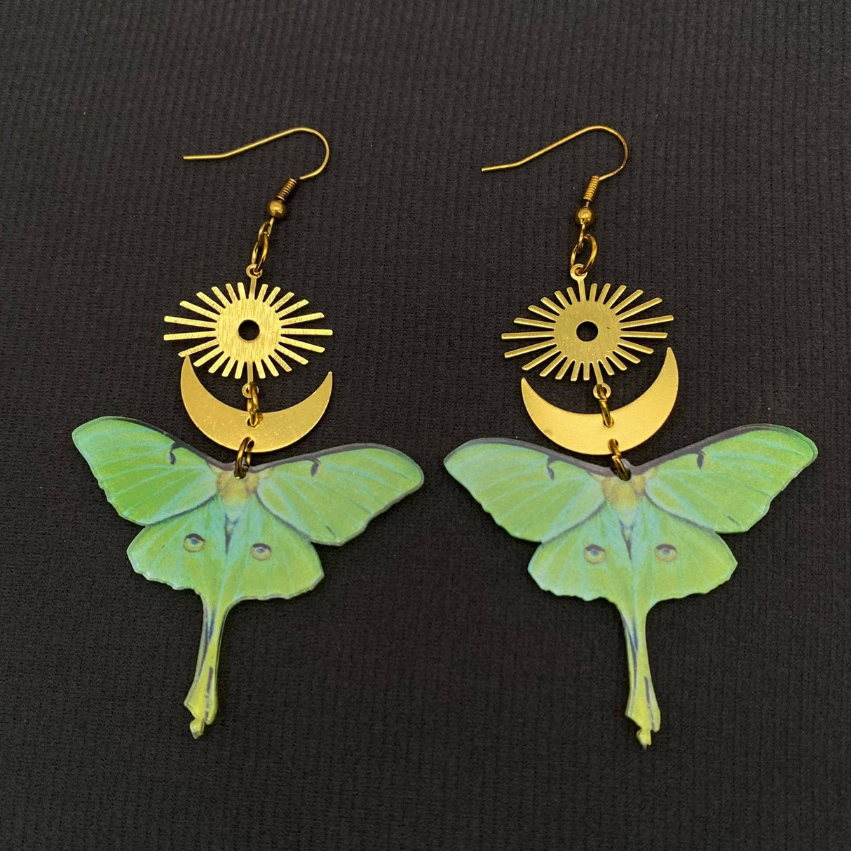 Acrylic Green Moth Gold Plated Moon Sun Dangle Earrings - MS