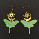 Acrylic Green Moth Gold Plated Moon Sun Dangle Earrings - MS