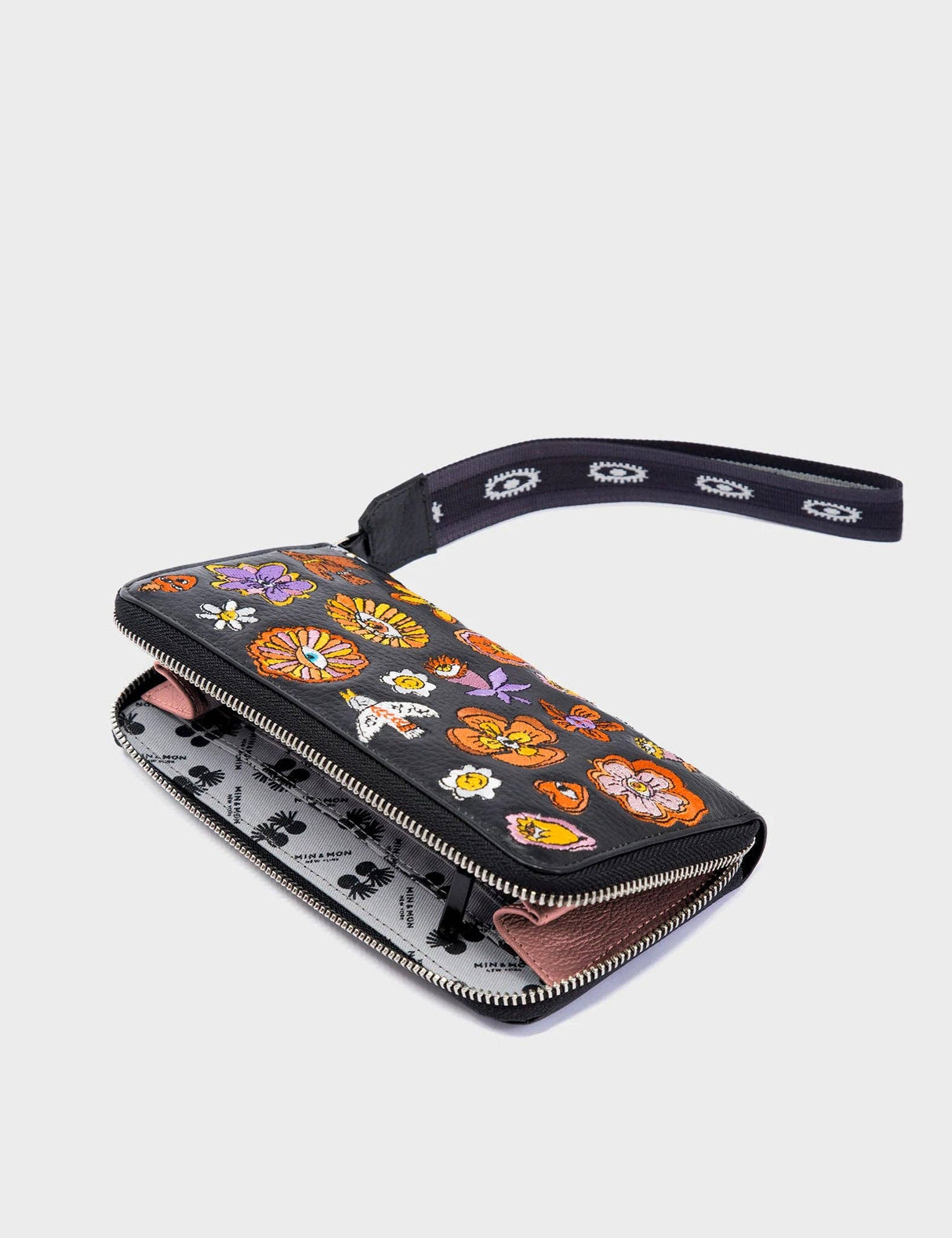 Francis Black Leather Wallet - Vintage Bloom Embroidery