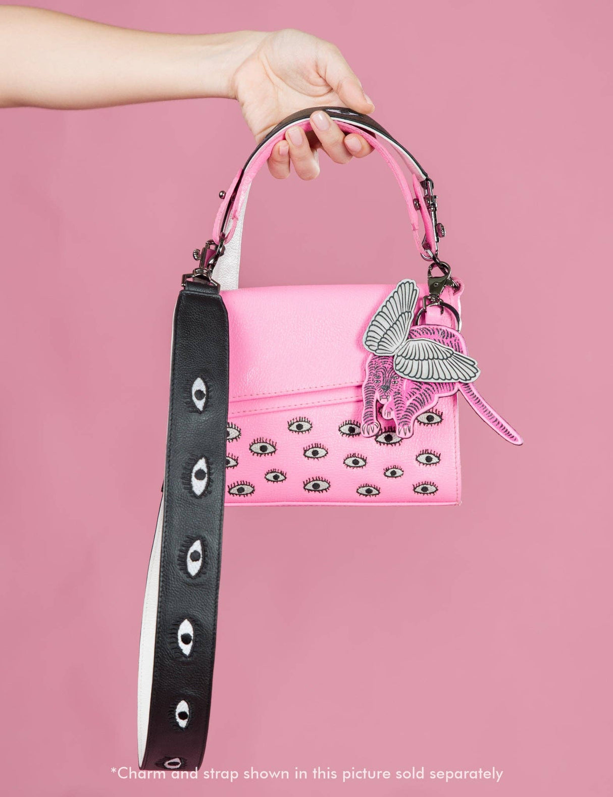 Detachable Black Leather Shoulder Strap All Over Eyes Embroidery