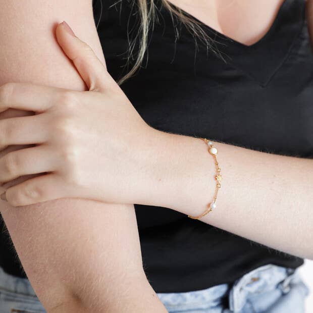 Pearl + Crystal Moon and Stars Bracelet in Gold 14KGP