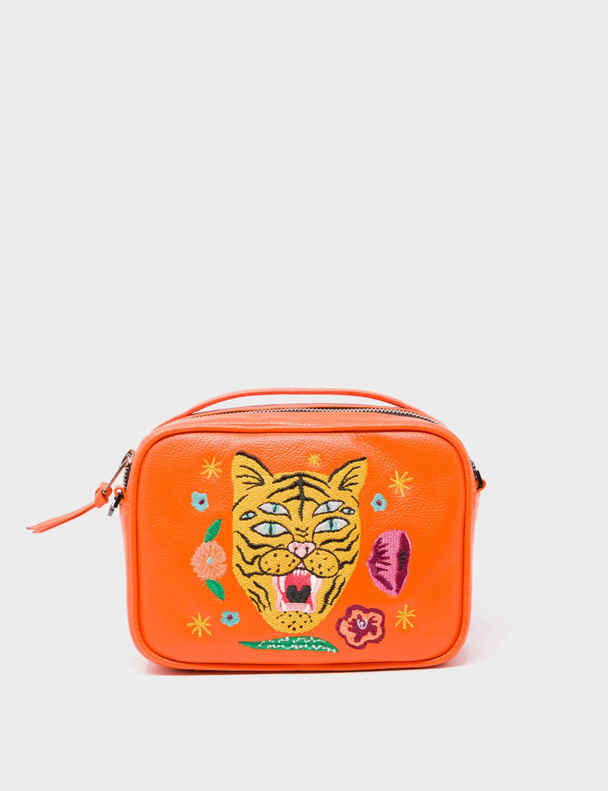 Verto Crossbody Vermillion Orange Leather Handbag - Tiger and Flowers Embroidery