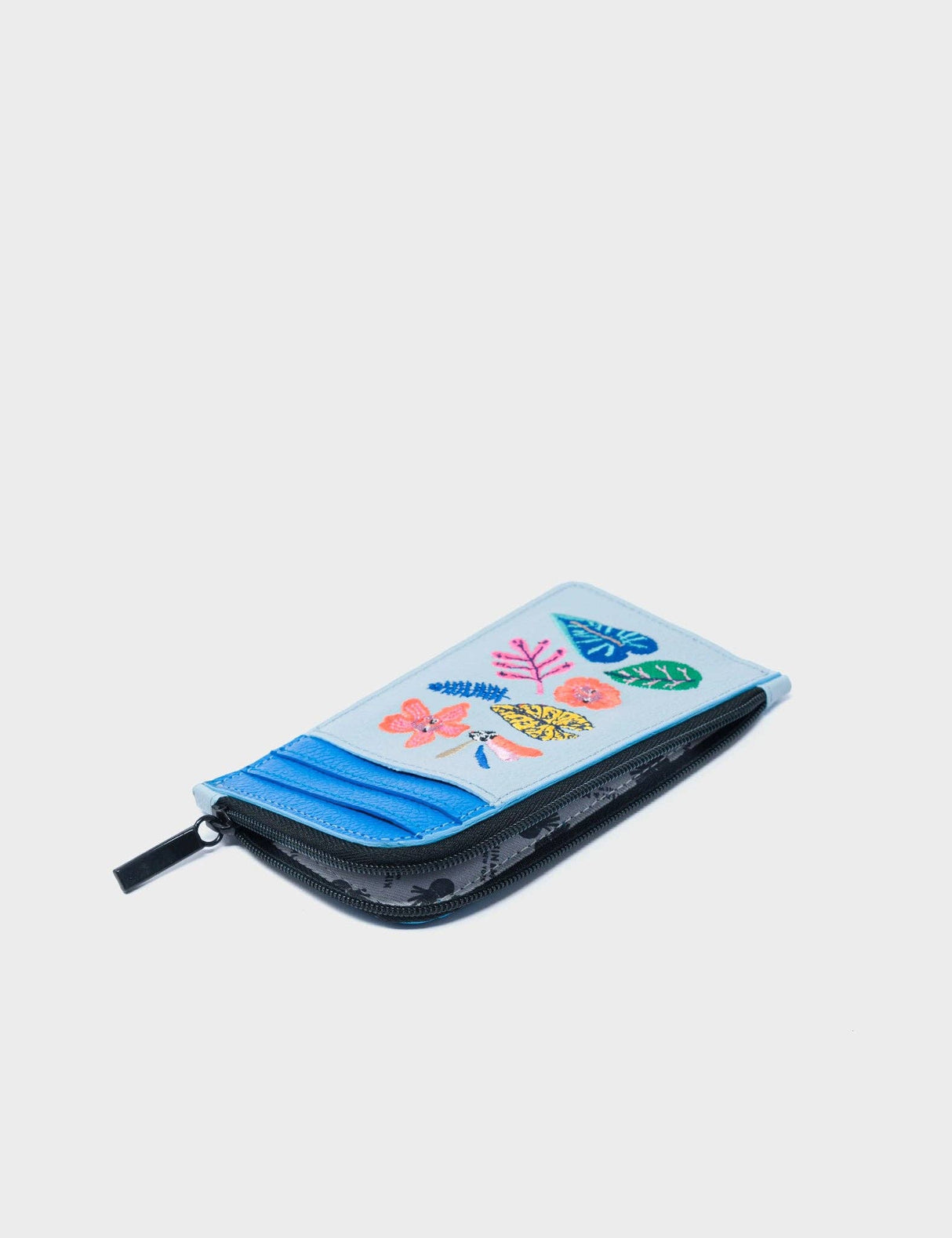 Fausto Splish Splash Blue Leather Zip-around Cardholder - Floral Embroidery
