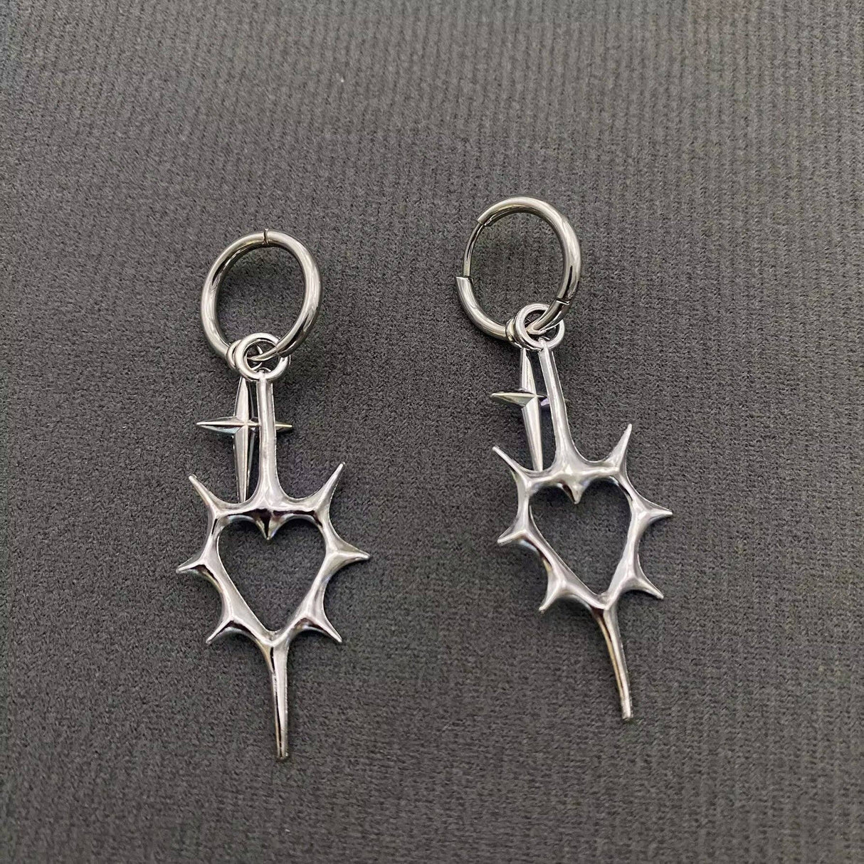 Gothic Silver Tone Thorns Hollow Heart Huggie Earrings - GT