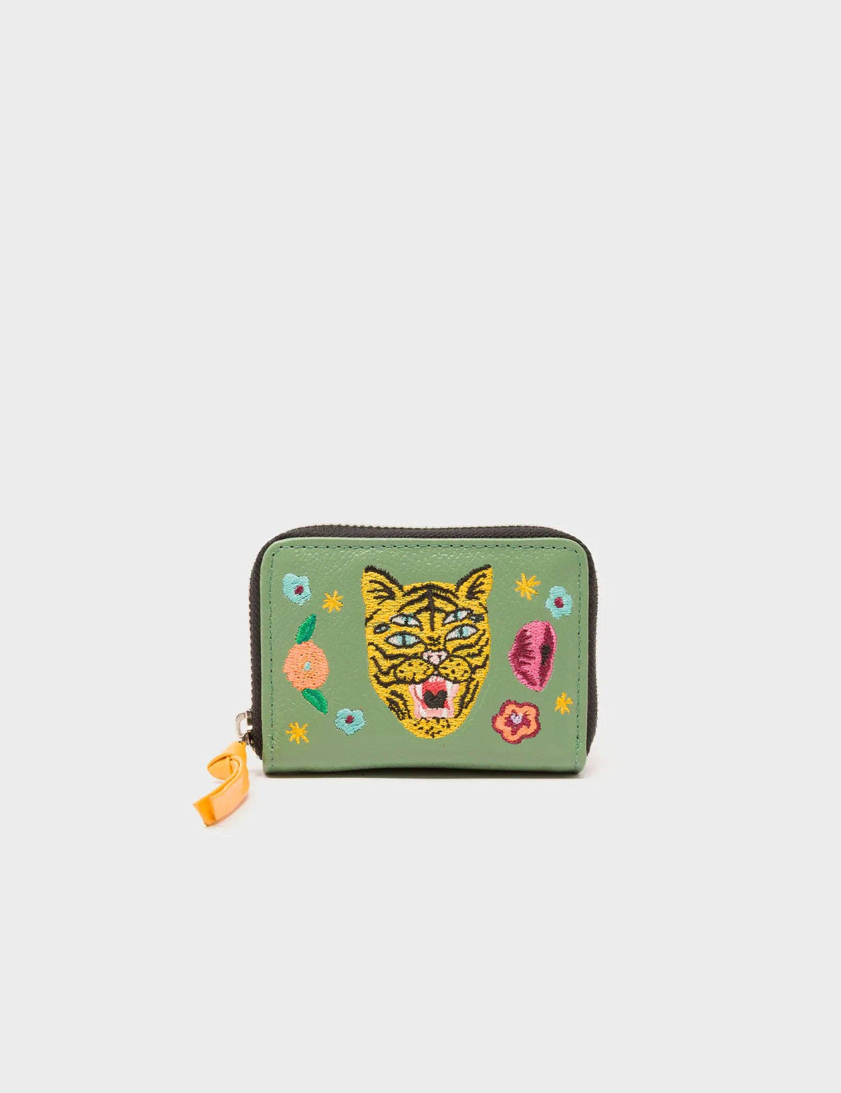 Frodo Basil Green Leather Zip Around Wallet - Happy Tiger Embroidery