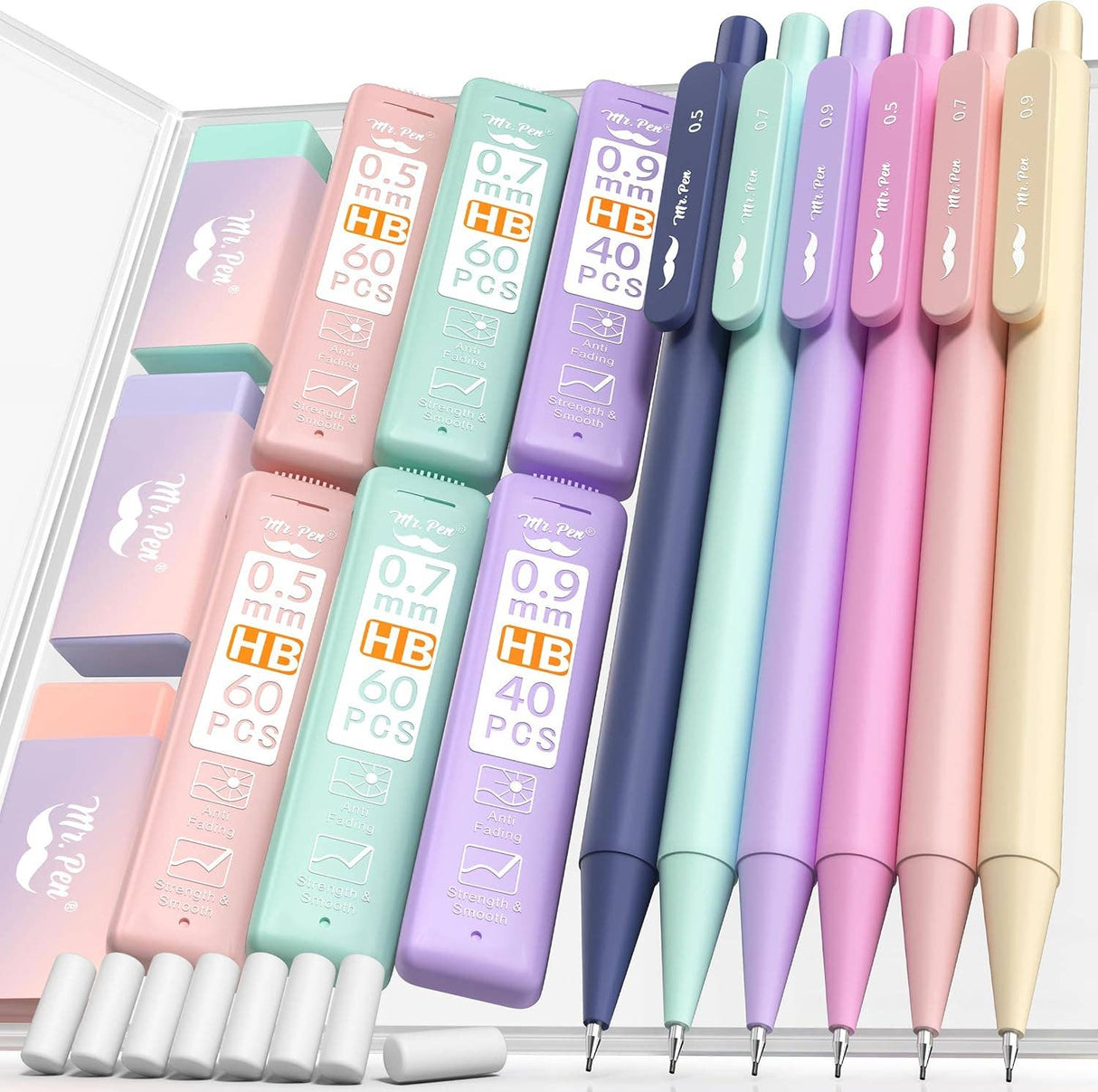 Pastel Mechanical Pencil Set w/ Lead Refills & Erasers, 6 Pack, 3 Sizes, 0.5 0.7 & 0.9mm, Aesthetic Mechanical Pencils Set