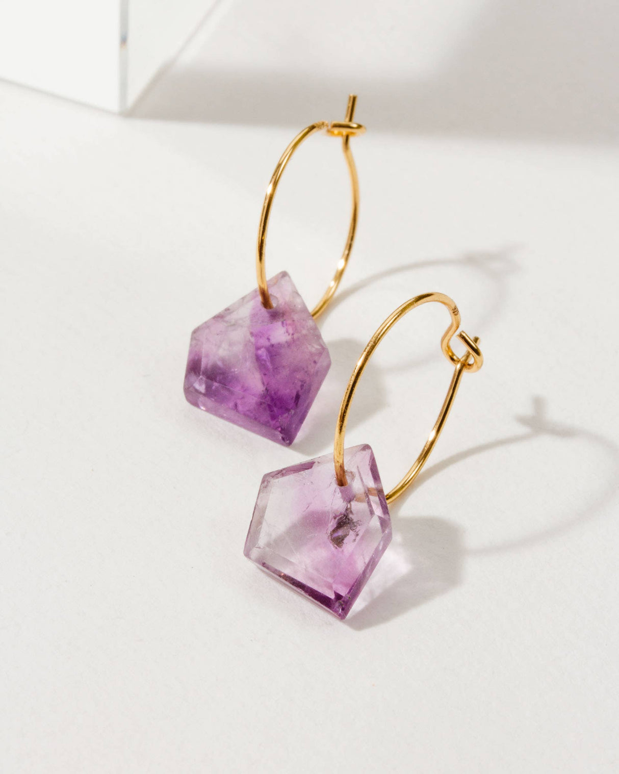 14Kt Sterling Silver Geometry Mini Hoop Earrings- Amethyst