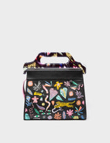 Vali Black Leather Crossbody Handbag Plastic Handle - Midnight Garden Embroidery 