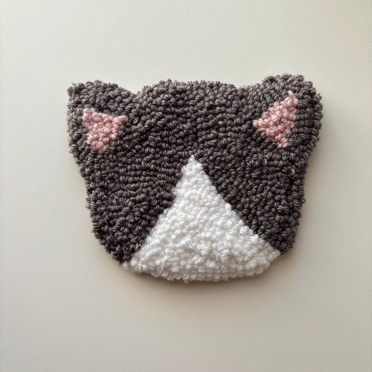 Grey Cat Coaster, Hand Tufted, Punch Needle Mug Rug