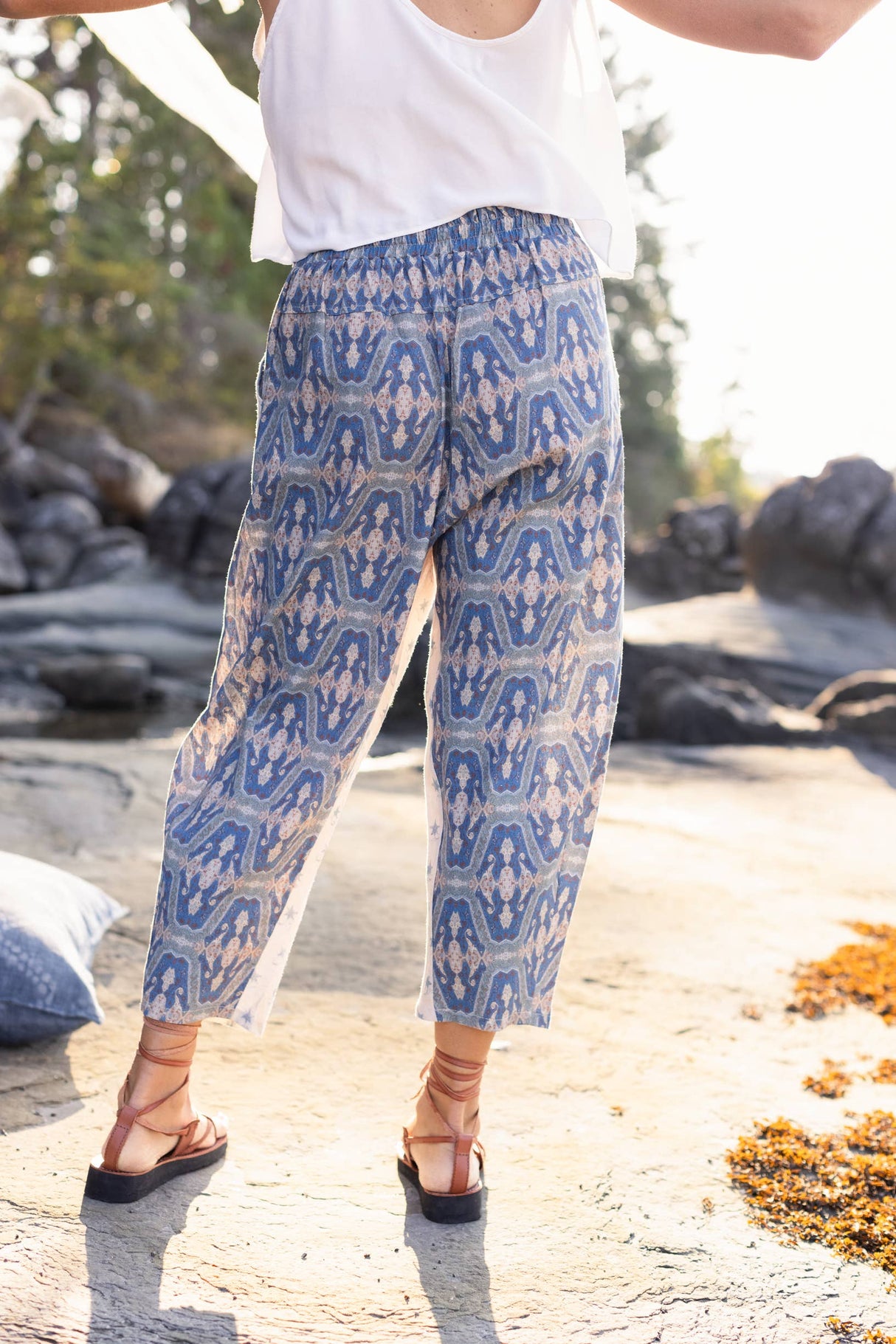 Head In The Clouds Boho Linen Print Cropped Artist Pants